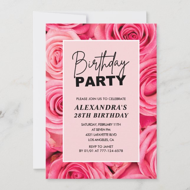 Elegant 28th birthday Floral Pink Roses  Invitation (Front)