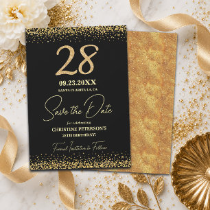 Elegant 28th Black Gold Glitter Birthday Save The Date