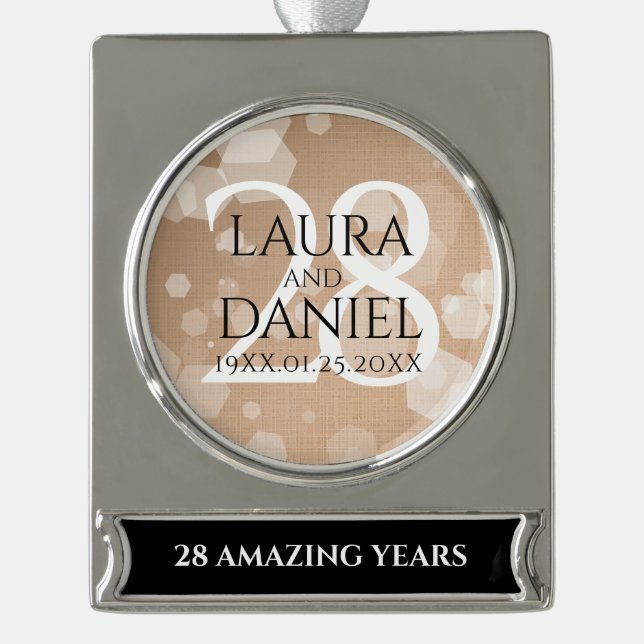 Elegant 28th Linen Wedding Anniversary Celebration Silver Plated Banner Ornament (Front)