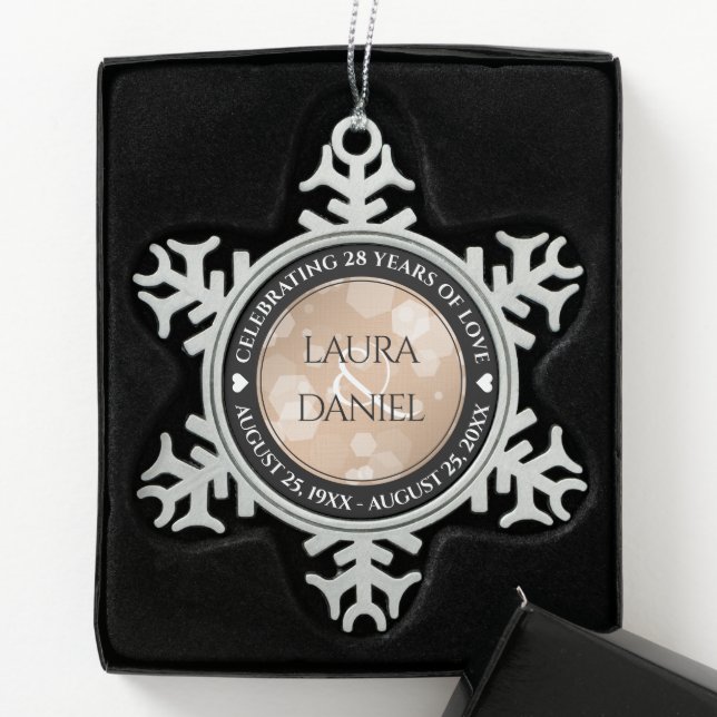 Elegant 28th Linen Wedding Anniversary Celebration Snowflake Pewter Christmas Ornament (Box)