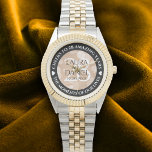 Elegant 28th Linen Wedding Anniversary Celebration Watch<br><div class="desc">Celebrate the 28th wedding anniversary with this commemorative watch! Elegant black and white serif lettering with hexagonal confetti on an off-white linen background add a memorable touch for this special occasion and extraordinary milestone. Customize with the couple's names or initials, and add a date for their linen anniversary. Design ©...</div>