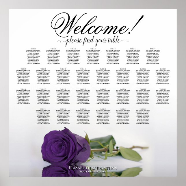 Elegant 29 Table Royal Purple Rose Seating Chart (Front)