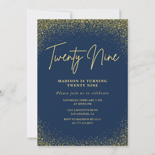 Elegant 29th birthday invitation Navy Gold Glitter (Front)