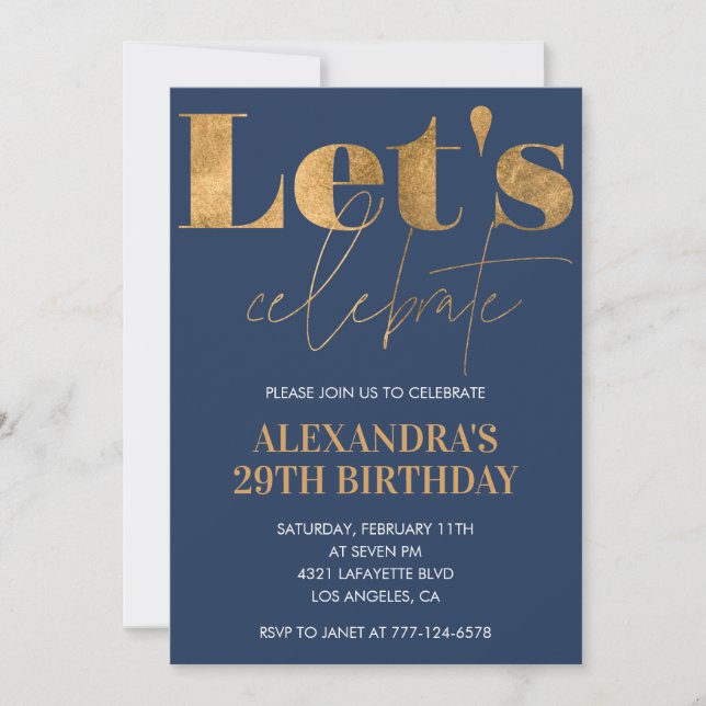 Elegant 29th birthday invitations Navy Gold  (Front)
