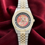 Elegant 29th Garnet Wedding Anniversary Watch<br><div class="desc">Celebrate the 29th garnet wedding anniversary with this commemorative watch! Elegant lettering with gold-dusted hexagonal confetti on a reddish orange background add a memorable touch for this special occasion and extraordinary milestone. Customise with couple's names,  dates of marriage,  and congratulatory messages.

Design © W.H. Sim. See more at zazzle.com/expressionsoccasions</div>