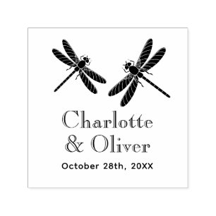 Elegant 2 Dragonflies Couple Names Date Monogram Self-inking Stamp