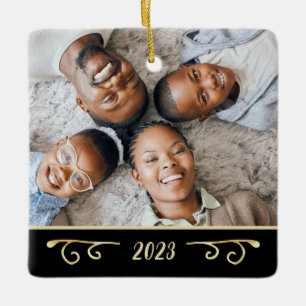 Elegant 2 Photo 2-Sided Family Photo Black Gold Ceramic Ornament