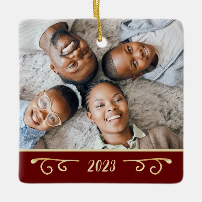 Elegant 2 Photo 2-Sided Family Photo Gold Burgundy Ceramic Ornament (Front)