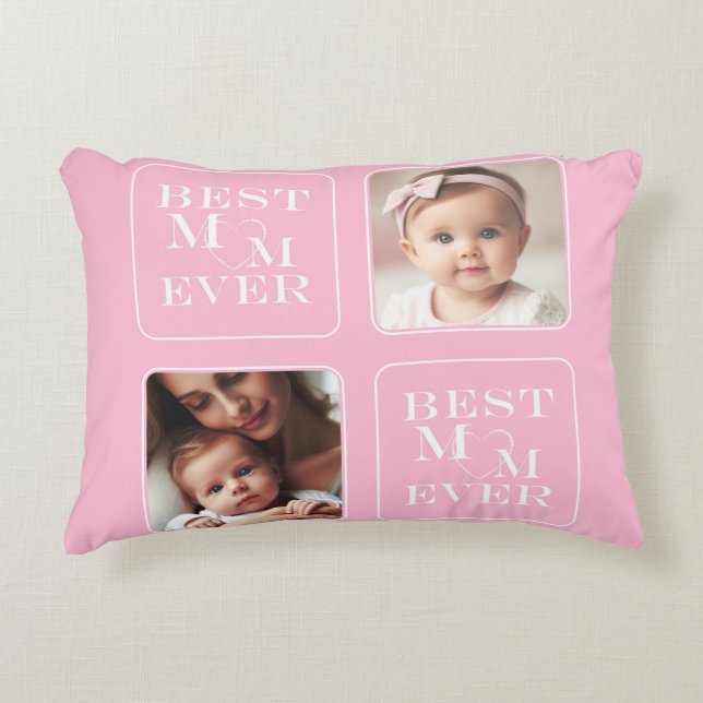 Elegant 2 Photo "Best Mum Ever" Pink & White Heart Decorative Cushion (Front)