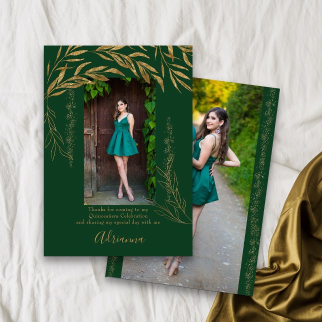 Elegant 2 Photo Emerald Green and Gold Leaf Thank You Card (Emerald Green Quinceanera Photo Thank You card from my Gold Leaf Quinceanera Collection)