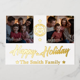 Elegant 2 Photo Family Name Foil Holiday Card 