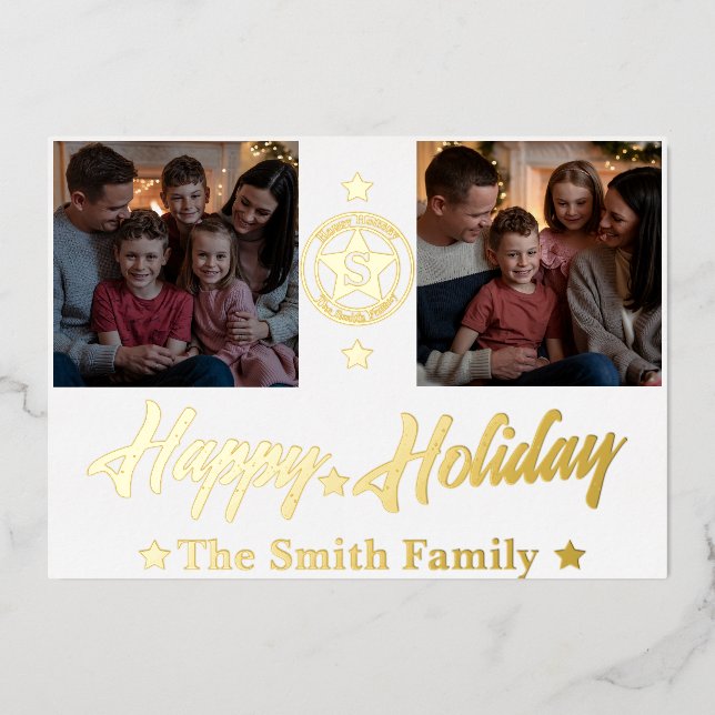 Elegant 2 Photo Family Name Foil Holiday Card  (Front)