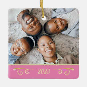 Elegant 2 Photo Family Photo Pink & Gold Ceramic Ornament