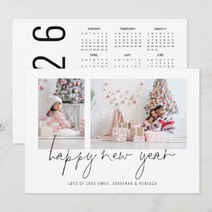 Elegant 2 Photo Happy New Year 2026 Calendar Holiday Card