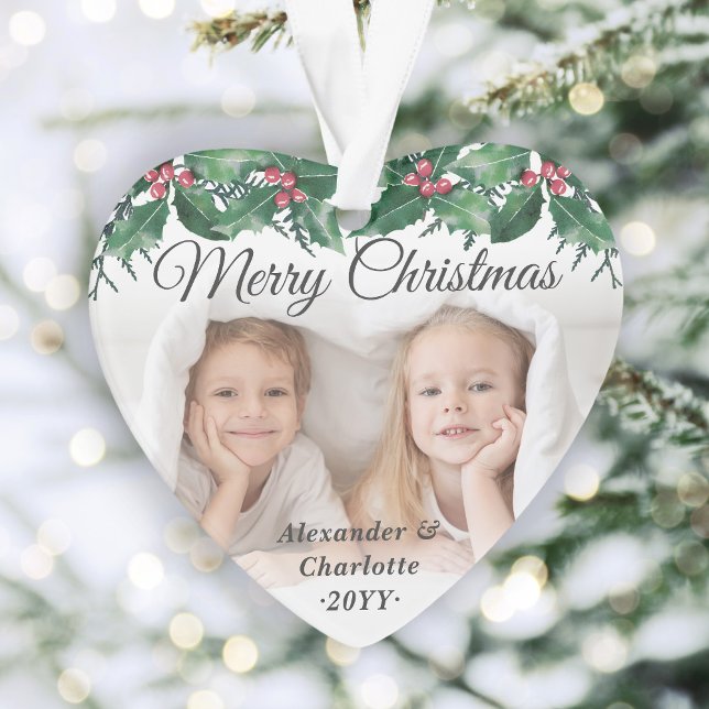 Elegant 2 Photo Holly Greenery Merry Christmas Ornament (Creator Uploaded)