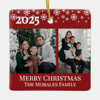 Elegant 2 Photo Red Keepsake Family Photo Ceramic Ornament