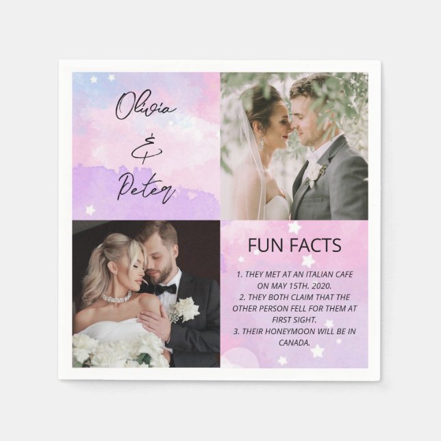 Elegant 2 Photo Simple Couple Fun Facts Wedding  Napkin (Front)