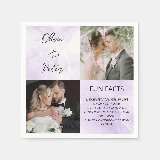 Elegant 2 Photo Simple Couple Fun Facts Wedding  Napkin (Front)