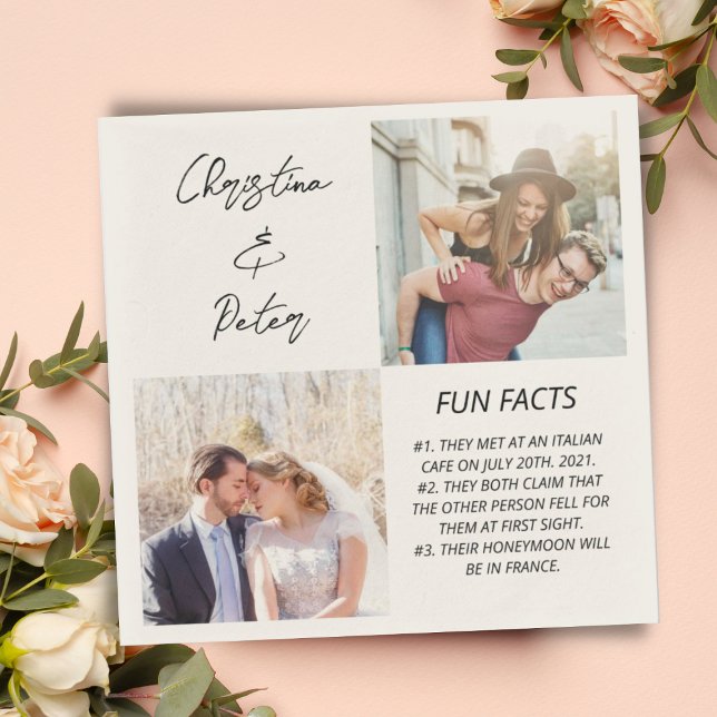 Elegant 2 Photo Simple Couple Fun Facts Wedding  Napkin (Creator Uploaded)