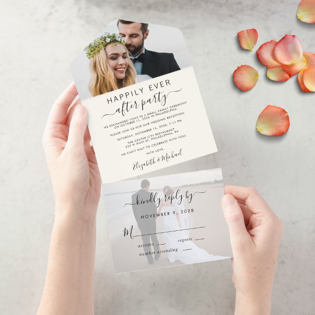 Elegant 2 Photo Wedding Reception Cream All In One Invitation (An chic Happily Ever After Party all-in-one invitation for your wedding celebration)