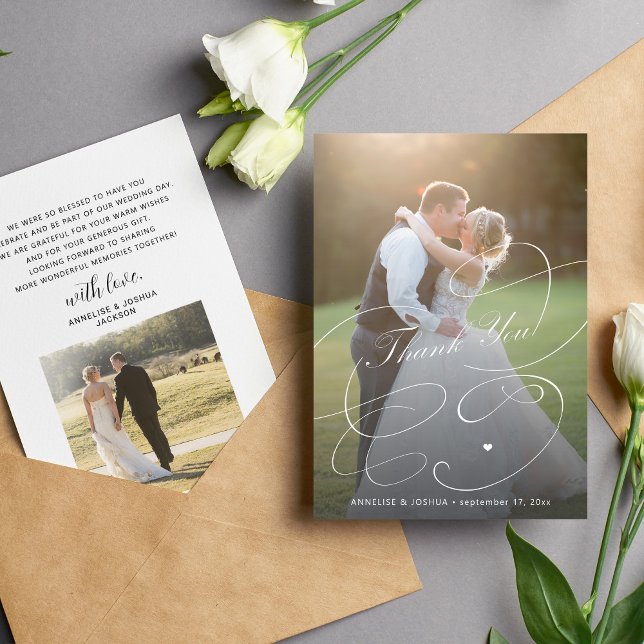 Elegant 2 photos calligraphy script wedding thank you card (Creator Uploaded)