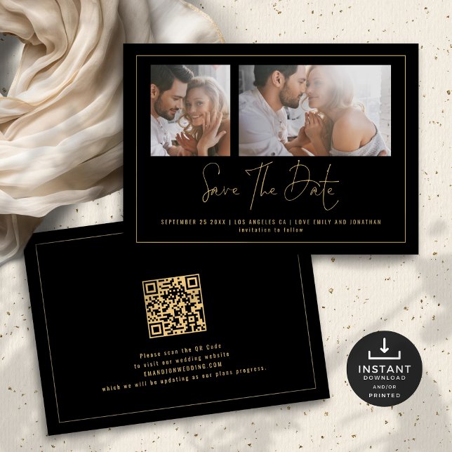 Elegant 2 Photos Gold Black Wedding  Save The Date (Front and back view)