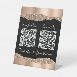 Elegant 2 QR Codes Rose Gold Glitter Black Pedestal Sign