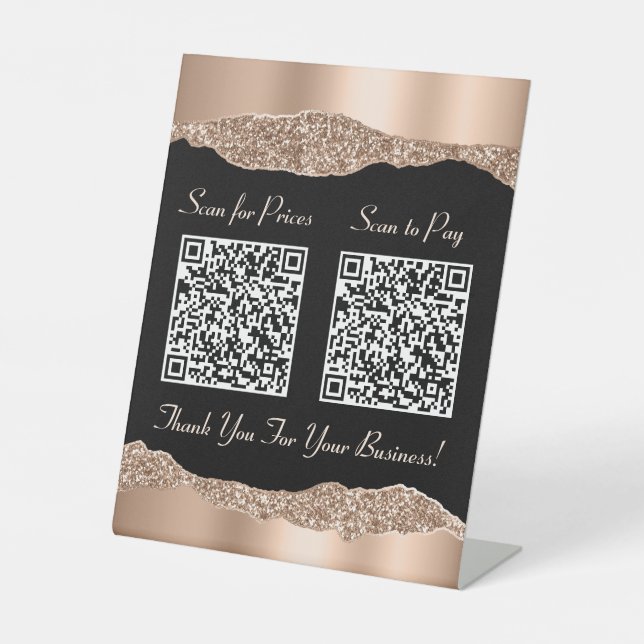 Elegant 2 QR Codes Rose Gold Glitter Black Pedestal Sign (Front)