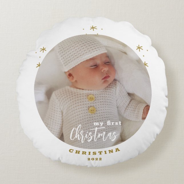 Elegant 2-Sided My First Christmas Baby's Photo  R Round Cushion (Front)