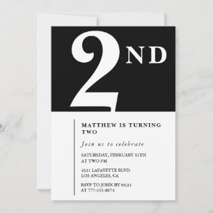Elegant 2nd birthday invitation Black White Modern