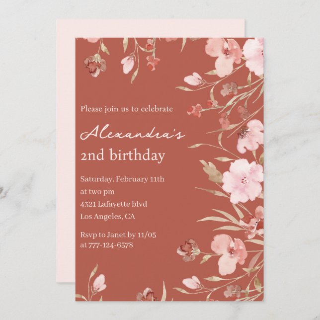 Elegant 2nd birthday invitations Floral Chic  (Front/Back)