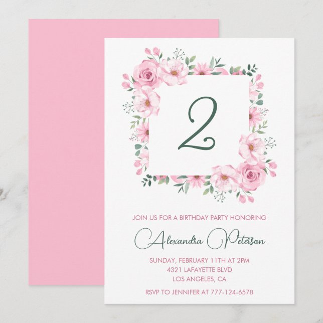 Elegant 2nd birthday invitations Floral  Pink (Front/Back)