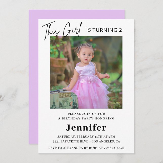 Elegant 2nd birthday invitations Photo Girl Modern (Front/Back)