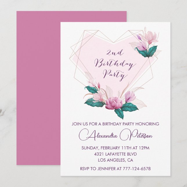 Elegant 2nd birthday invitations Pink flowers  (Front/Back)