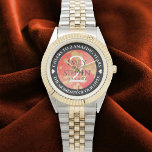 Elegant 2nd Garnet Wedding Anniversary Celebration Watch<br><div class="desc">Celebrate the 2nd garnet wedding anniversary with this commemorative watch! Elegant lettering with gold-dusted hexagonal confetti on a reddish orange background add a memorable touch for this special occasion and milestone. Customise with couple's names,  dates of marriage,  and congratulatory messages.

Design © W.H. Sim. See more at zazzle.com/expressionsoccasions</div>
