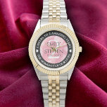 Elegant 2nd Rose Quartz Wedding Anniversary Watch<br><div class="desc">Celebrate the 2nd rose quartz wedding anniversary with this commemorative watch! Elegant lettering with hexagonal confetti on a rich pink background add a memorable touch for this special occasion and milestone. Customise with couple's names,  dates of marriage,  and congratulatory messages.

Design © W.H. Sim. See more at zazzle.com/expressionsoccasions</div>