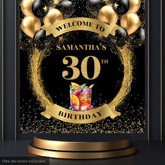 Elegant 30th Birthday Black Gold Glitter Backdrop Tapestry