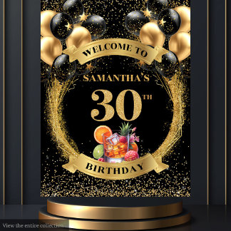 Elegant 30th Birthday Black Gold Party Backdrop Tapestry