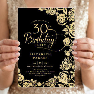 Elegant 30th Birthday Black Gold Roses Invitation