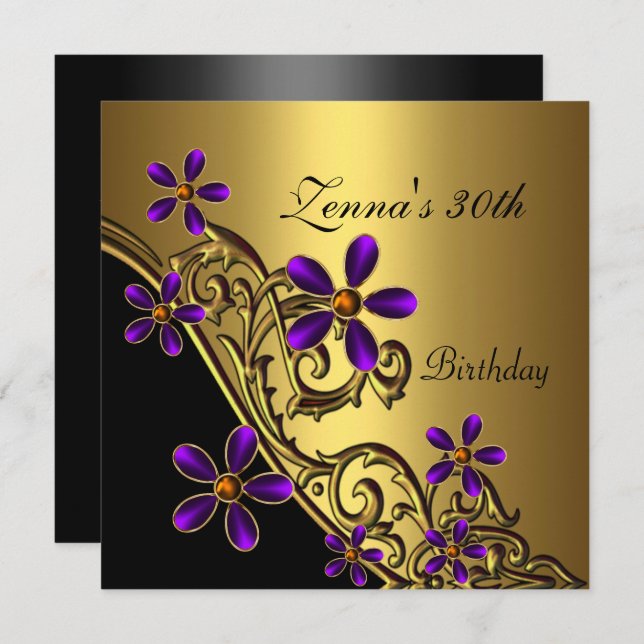 Elegant 30th Birthday Black Purple Gold Floral Invitation (Front/Back)