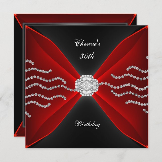 Elegant 30th Birthday Black Rich Red Diamond 2 Invitation (Front/Back)