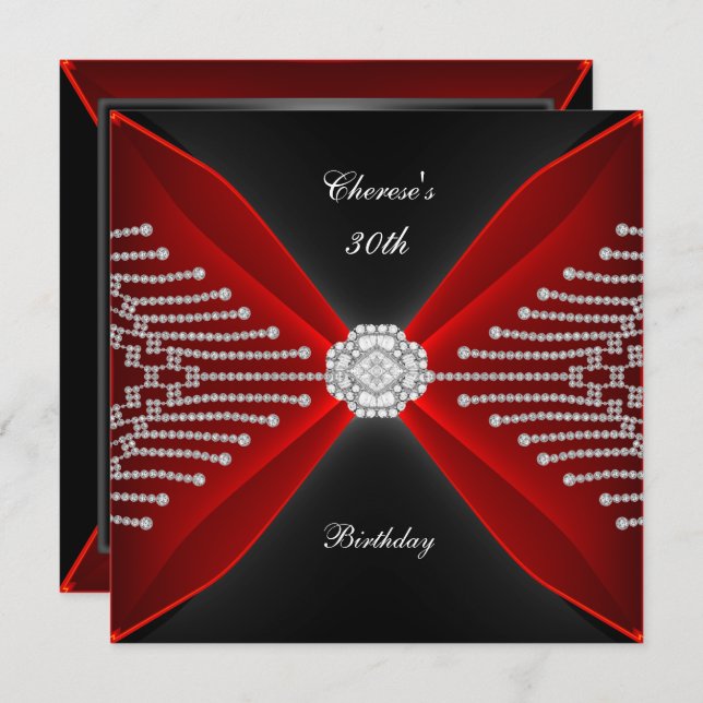 Elegant 30th Birthday Black Rich Red Diamond Invitation (Front/Back)