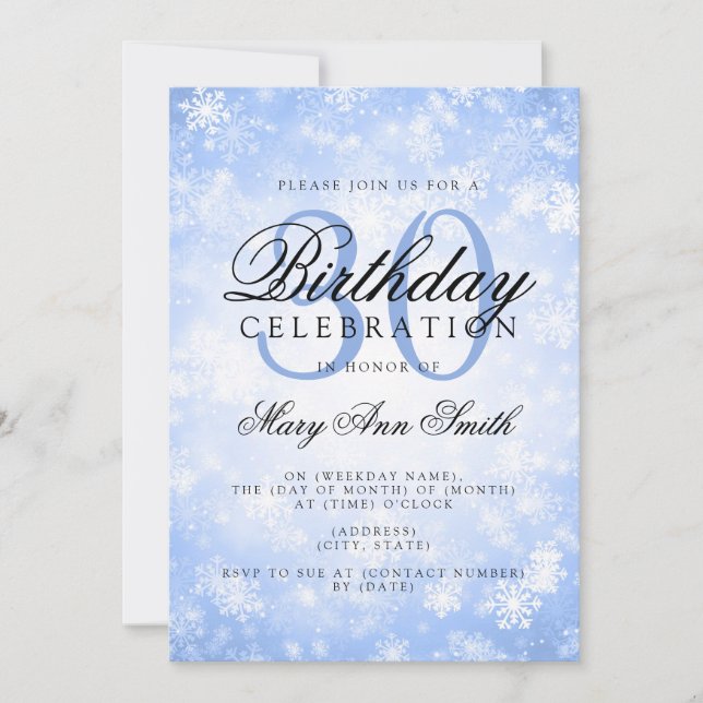 Elegant 30th Birthday Blue Winter Wonderland Invitation (Front)