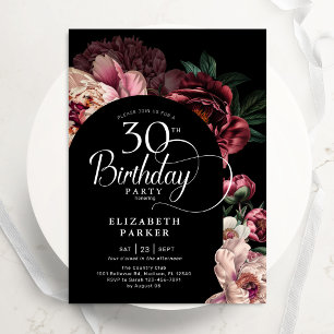Elegant 30th Birthday Burgundy Pink Peonies Invitation
