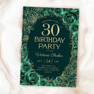 Elegant 30th Birthday Emerald Green Gold Floral Invitation