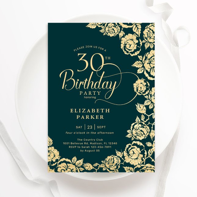 Elegant 30th Birthday Emerald Green Gold Roses Invitation (Creator Uploaded)