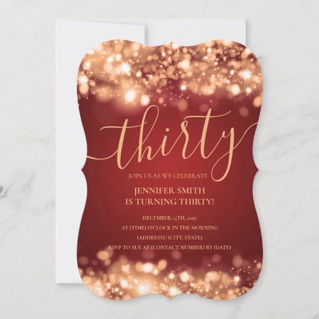 Elegant 30th Birthday Gold & Red Glam Lights Invitation (Front)