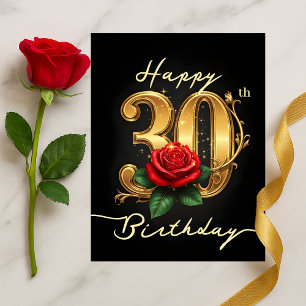 Elegant 30th Birthday Gold Script Red Floral Postcard