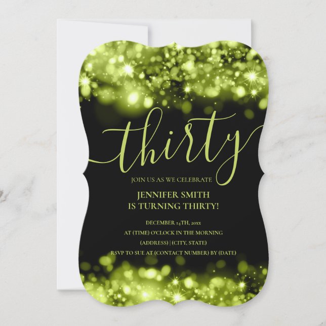 Elegant 30th Birthday Green Glam Lights Invitation (Front)