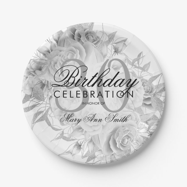 Elegant 30th Birthday Party Floral Silver White Paper Plate (Front)